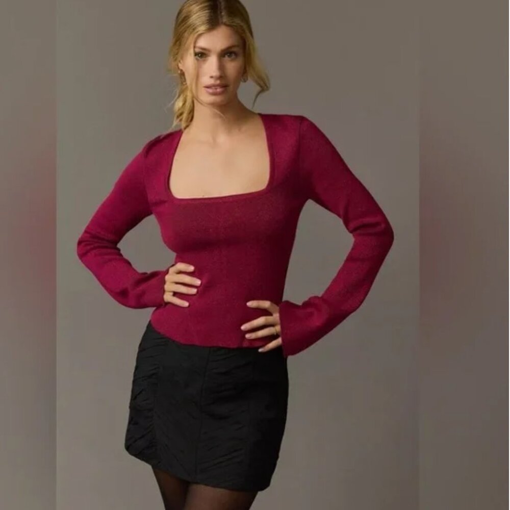 NWT Anthropologie Maeve Square-Neck Bell-Sleeve Sweater, Raspberry, XL